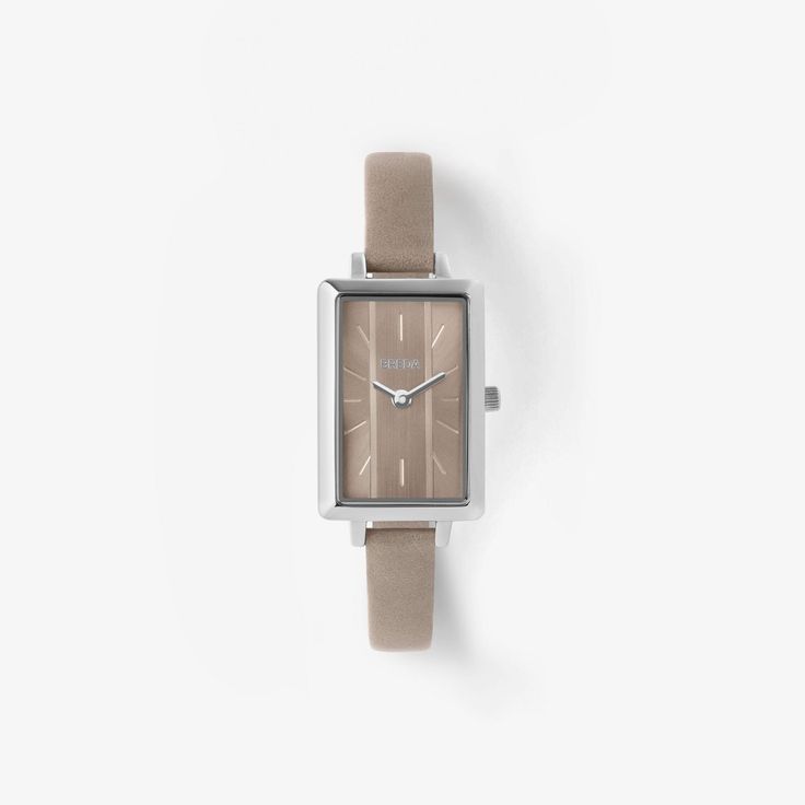 Eva | Rectangle Watch | Silver/Taupe | BREDA Watch Rectangle Watch, Brown Watches, Vintage Timepiece, Brown Leather Watch, Color Bands, Taupe Color, Leather Band, Silver Watch, Watch Design