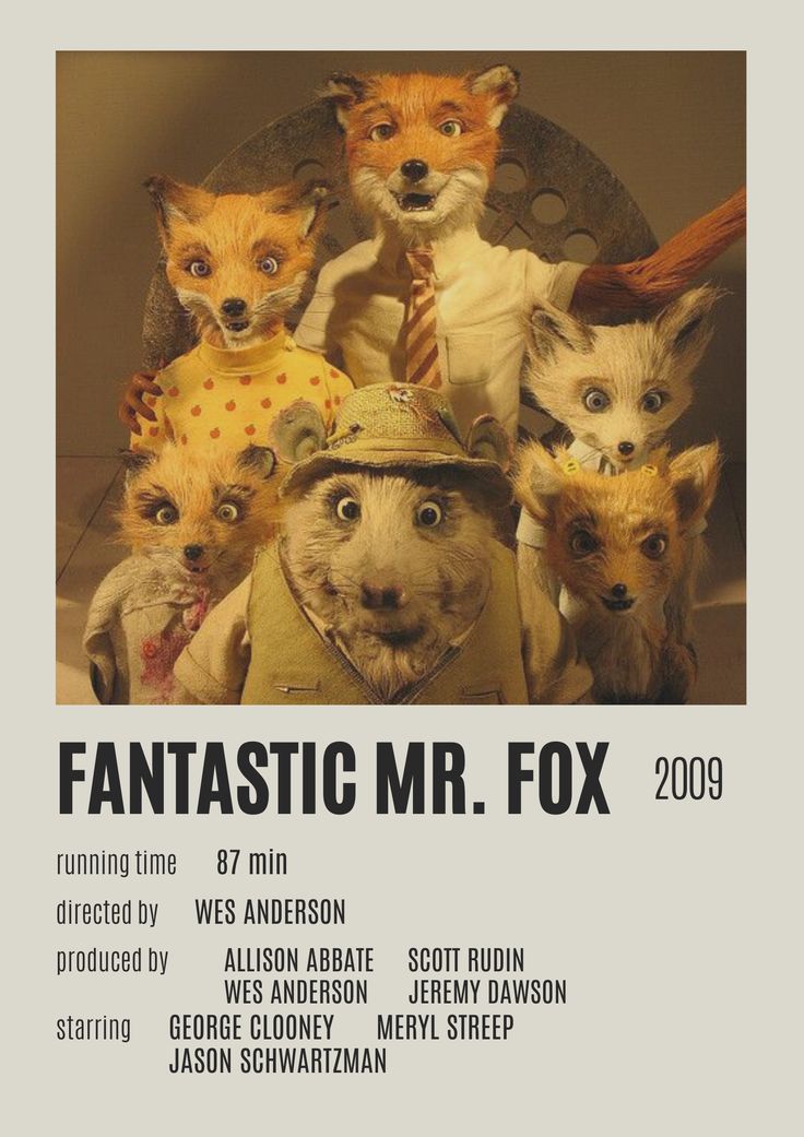 an advertisement for the film fantastic mr fox, featuring five little foxes and one man