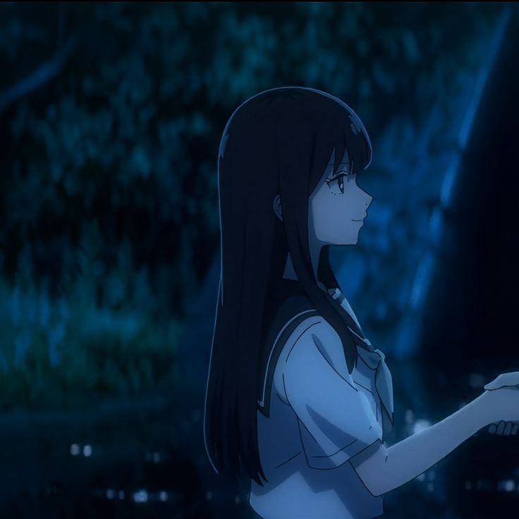 an anime character is standing in the dark with her hand out and looking at something