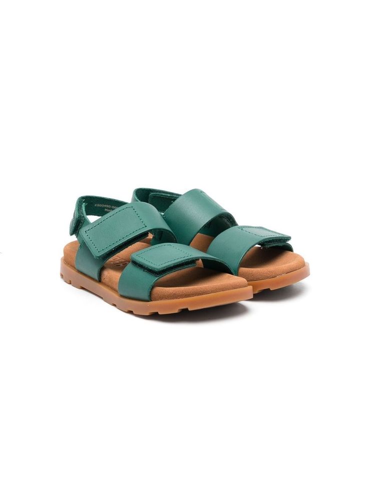 teal green calf leather double-strap design open toe round toe buckle-fastening slingback strap branded footbed flat rubber sole Double Strap Sandals, Boys Sandals, Open Toe Sandals, Strap Design, Teal Green, Boys Shoes, Strap Sandals, Calf Leather, Open Toe