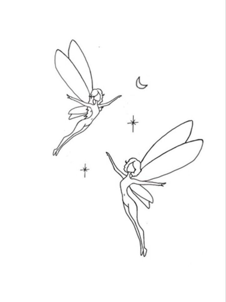 two fairy tinkerbells flying in the sky with stars and moon behind them