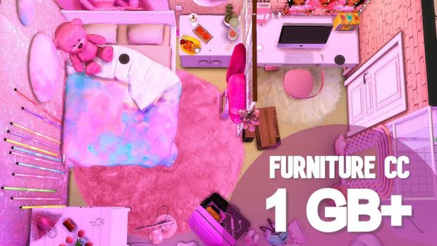 a pink room with furniture and accessories in it