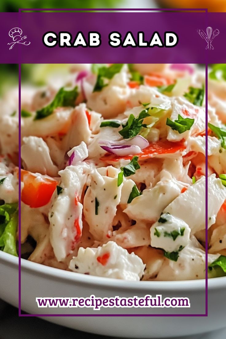 crab salad in a white bowl with the words crab salad below it and an image of carrots