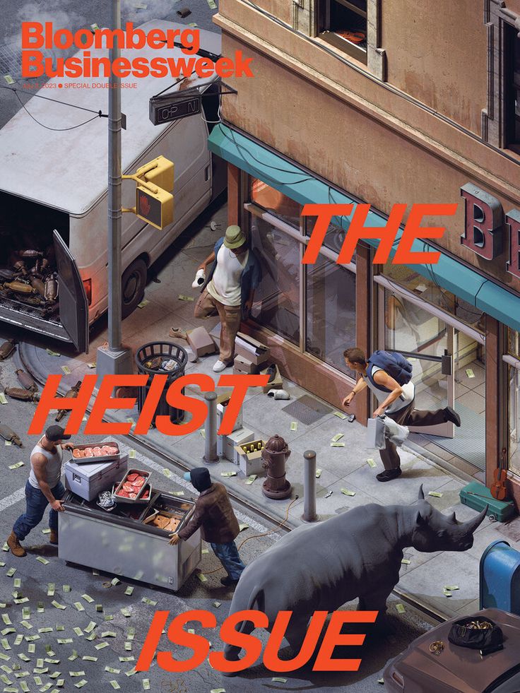 an aerial view of people and animals in front of a building with the words the heist issue on it