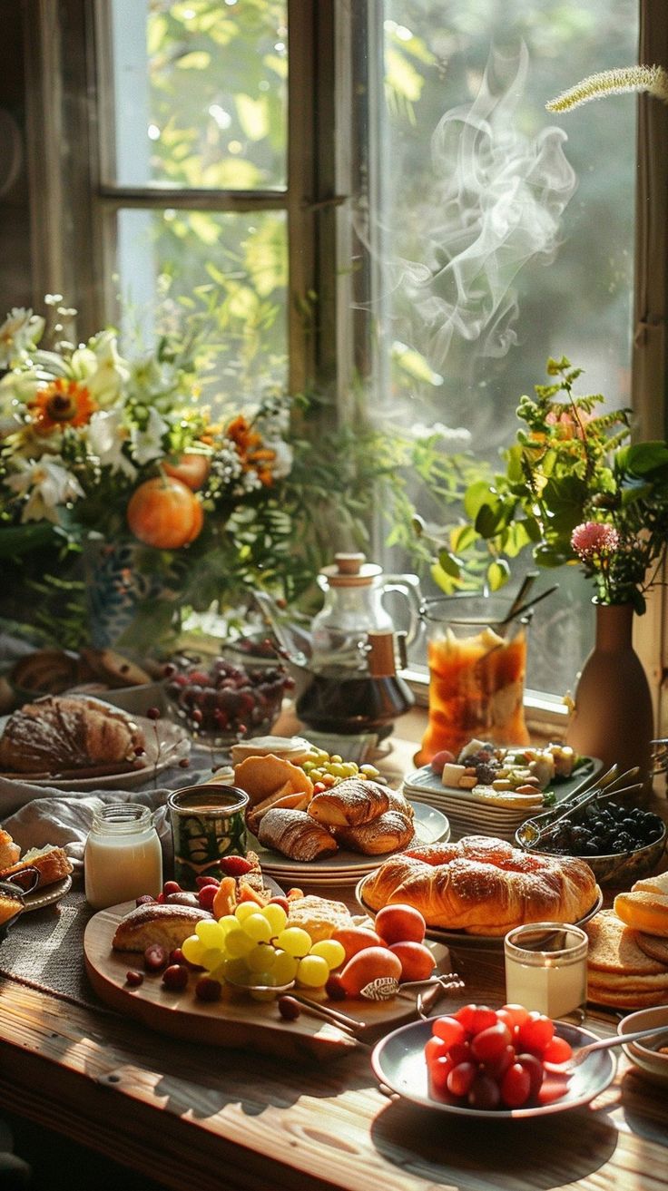 a wooden table topped with lots of food next to a window covered in plants and flowers