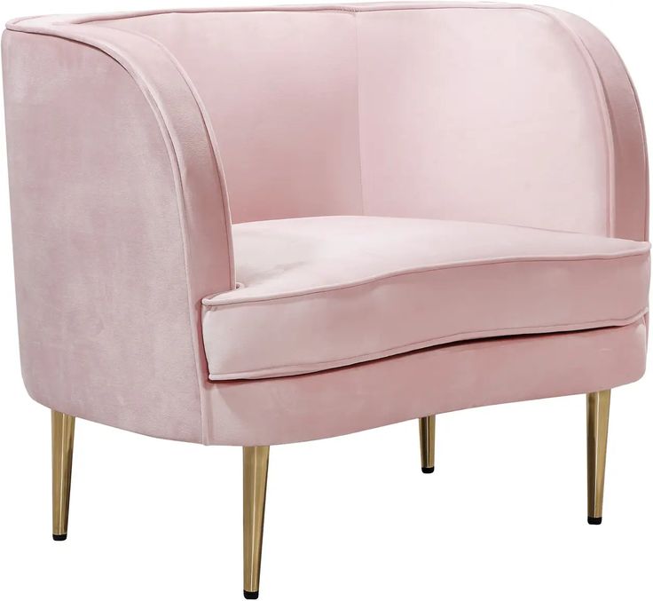 a pink chair with gold legs on a white background