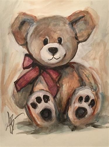 a painting of a brown teddy bear with a red bow