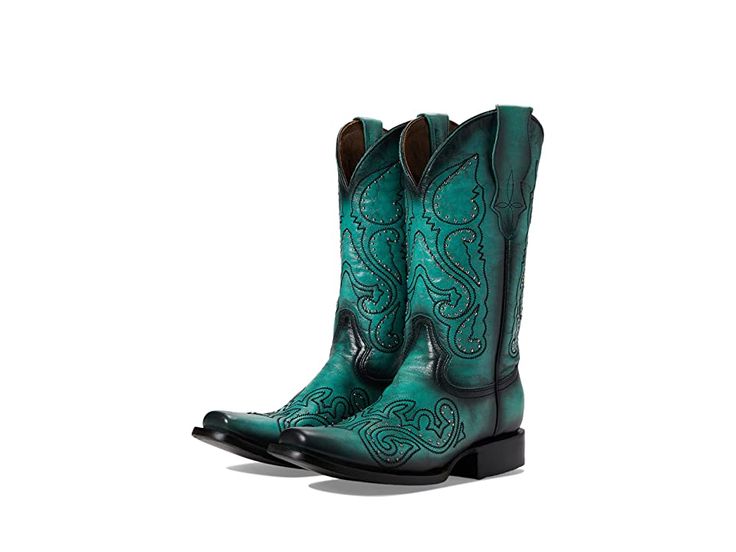 Corral Boots L2059 - Women's Boots : Turquoise/Grey : Flaunt a stylish appeal with every step you take wearing Corral Boots L2059 Boots. Leather upper. Leather lining and insole. Curved top. Pull-on closure. Pull straps. Elaborate design on upper and shaft. Block heel. Squared toe. Leather and rubber outsole. Imported. Measurements: Heel Height: 1 1 4 in Weight: 1 lb 6 oz Circumference: 13 in Shaft: 11 1 2 in Product measurements were taken using size 9, width B - Medium. Please note that measur Green Leather Western Boots, Fitted Green Boots With Leather Sole, Green Boots With Reinforced Heel And Medium Width, Green Boots With Reinforced Heel And Closed Toe, Fitted Green Snip Toe Boots, Western Boots With Snip Toe And Removable Insole, Western Green Boots With Leather Sole, Fitted Snip Toe Boots With Rubber Sole, Green Western Ankle Boots