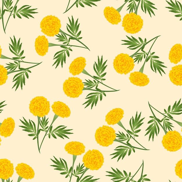 yellow flowers and green leaves on a beige background seamless wallpaper or fabric design