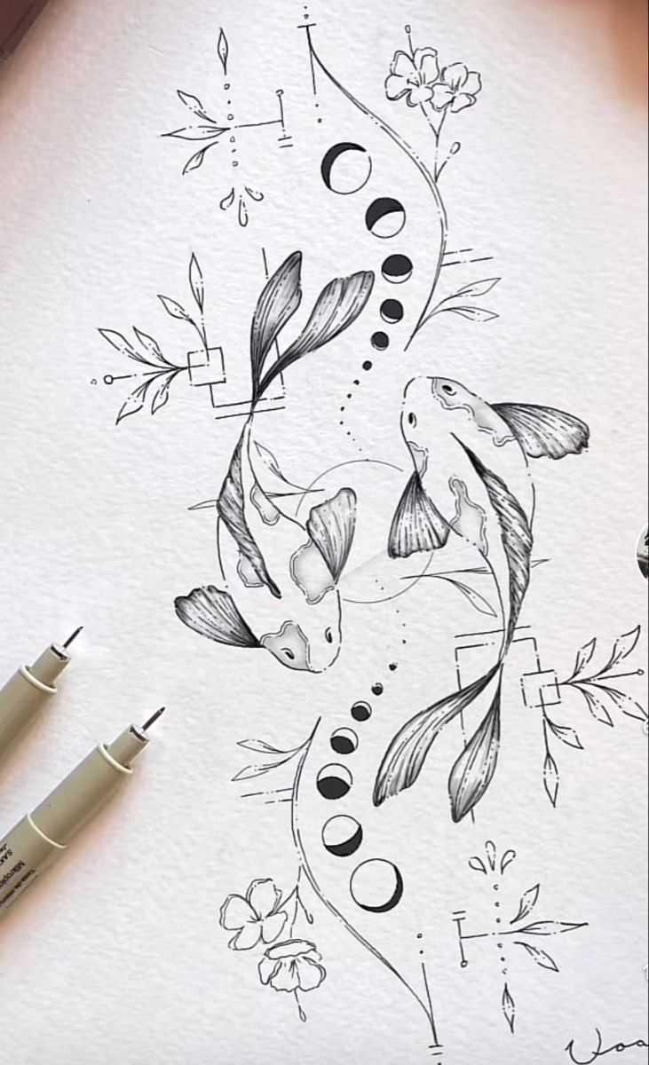 an ink drawing of two koi fish with flowers and leaves on the bottom half