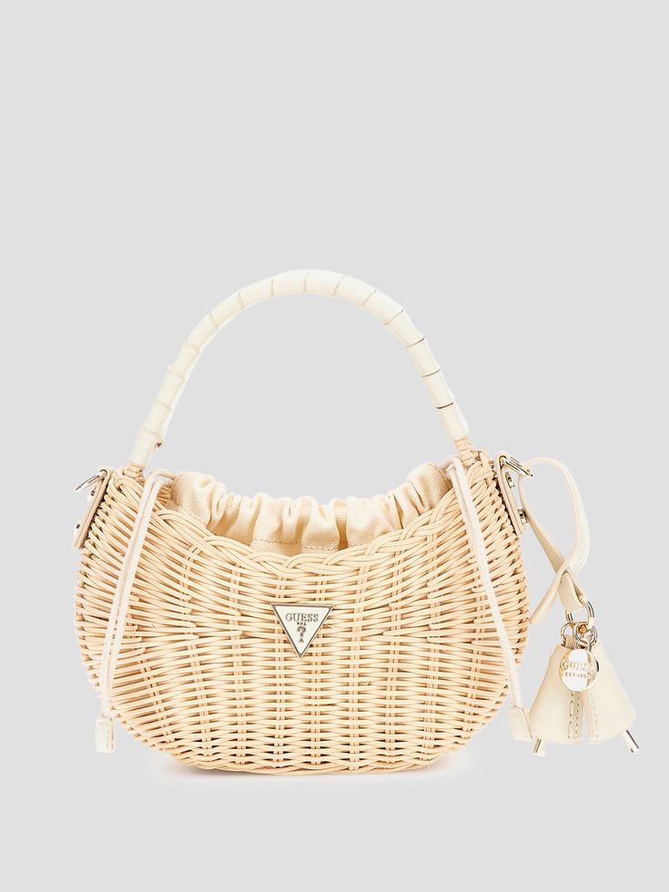 Basket-woven straw shoulder bag Gold-tone hardware and enamel signature emblem Mini curved silhouette Single-compartment construction Canvas pouch lining Drawstring closure Removeable tab keychain Top handle. Detachable crossbody strap. Summer Hand Bags, Luxury Crossbody Straw Bag For Summer, Luxury Straw Bag With Bamboo Handle For Spring, Luxury Straw Bag With Handle Drop For Travel, Luxury Spring Straw Bag With Bamboo Handle, Straw Bag For Daily Use In Summer, Luxury Shoulder Bag With Bamboo Handle For Spring, Luxury Bamboo Handle Bags For Spring, Luxury Straw Bag With Detachable Handle For Spring