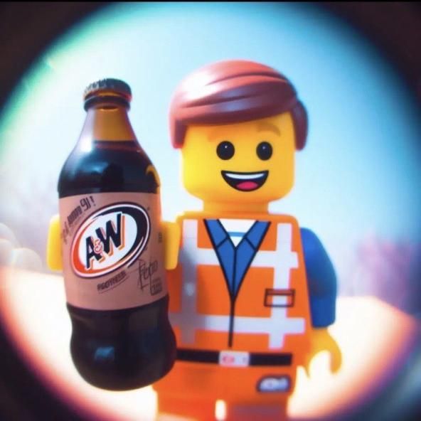 a lego man holding a beer bottle in front of a circular object with the image of a person wearing an orange vest