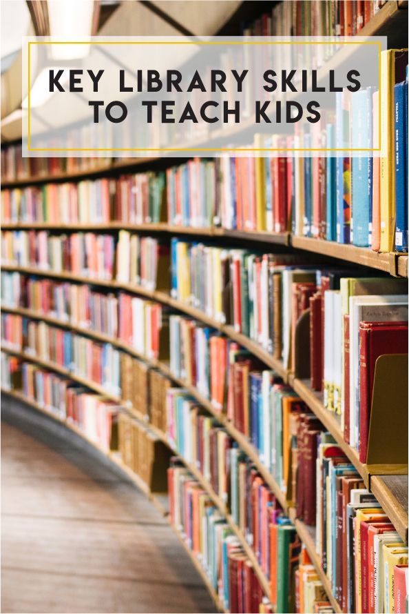 a library filled with lots of books and text that reads key library skills to teach kids