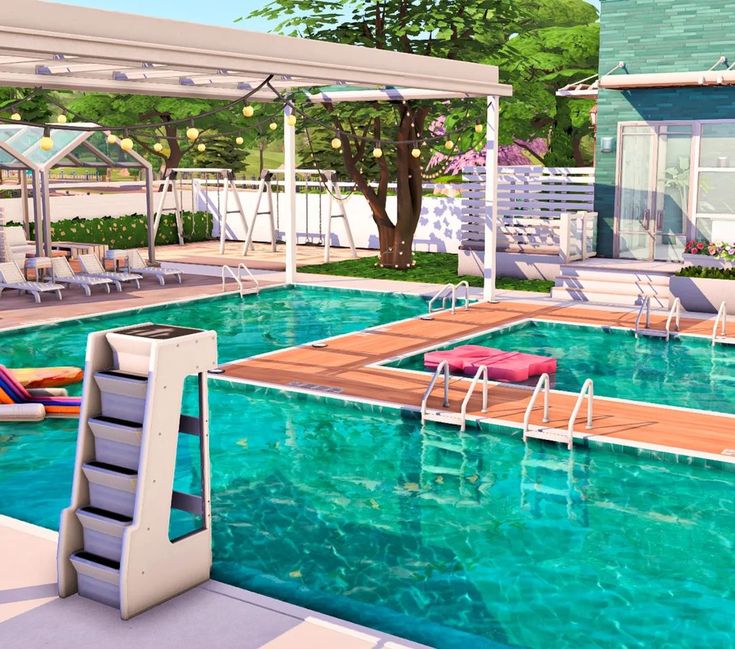 an artist's rendering of a swimming pool with lounge chairs