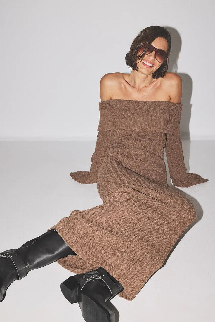 Knitted Offshoulder Midi Dress Brown Ribbed Midi Sweater Dress, Brown Midi Sweater Dress For Fall, Fall Brown Midi Sweater Dress, Off-shoulder Brown Dress For Fall, Brown Off-shoulder Dress For Fall, Brown Ribbed Midi Dress For Winter, Brown Ribbed Knee-length Midi Dress, Winter Brown Ribbed Midi Dress, Brown Ribbed Midi Dress