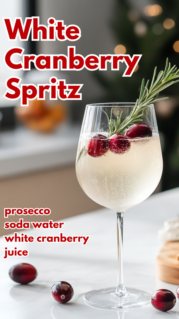 White Cranberry Spritz Recipe White Cranberry Spritz, Christmas Drinks With White Cranberry Juice, New Year's Eve Drink Ideas, Prosecco Cranberry Holiday Drink, Christmas Drink With White Cranberry Juice, Champagne With Cranberries, White Wine Recipes Drinks, Lemoncello Cranberry Drinks, Cocktail With White Cranberry Juice