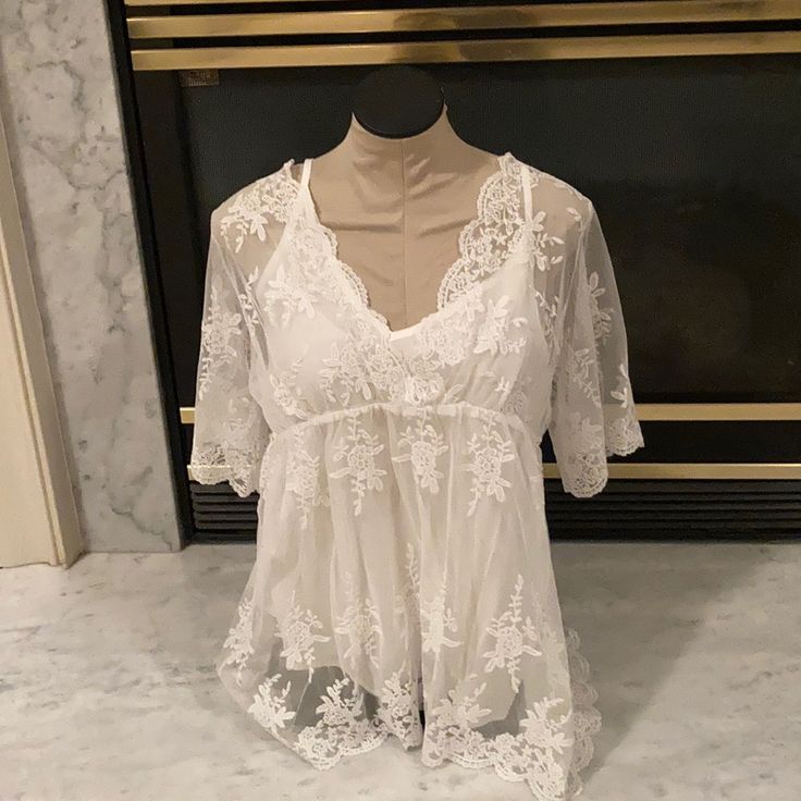 White Lace Over Cami Shell. Can Free Up Or Down. Beautiful Spring Wedding V-neck Tops, White Lace V-neck Top For Brunch, White V-neck Lace Top For Brunch, White Sheer Tops For Brunch, White Sheer Top For Brunch, Lacy Tops, White Lace, Personal Style, Color White