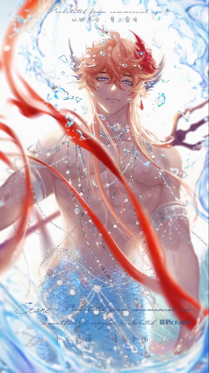 an anime character with red hair and white skin, standing in water surrounded by bubbles