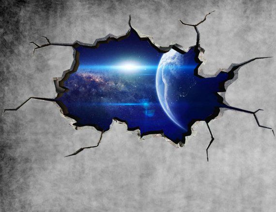 an image of the earth through a hole in concrete wall with space and stars on it