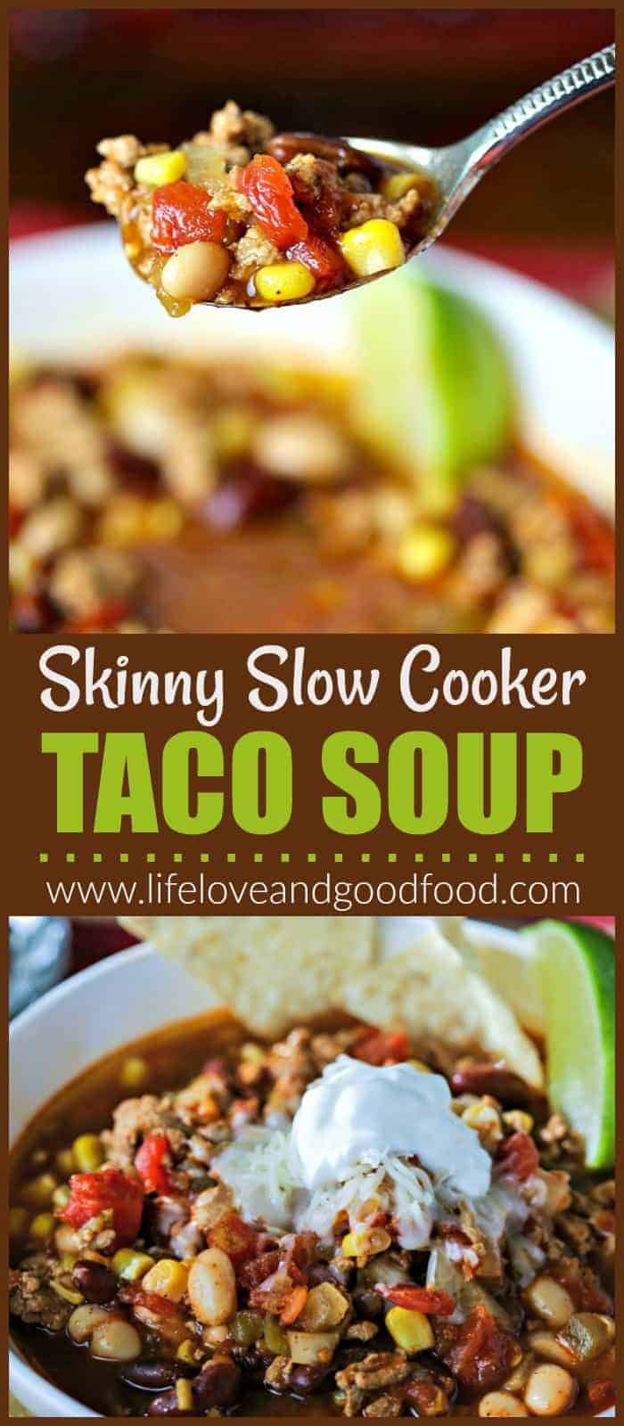 Skinny Taco Soup made in the slow cooker with ground turkey is packed with flavor and super simple to prepare. #healthysoup #soup #tacosoup Healthy Taco Soup, Slow Cooker Taco Soup, Turkey Taco Soup, Simple Soups, Sauté Onions, Slow Cooker Taco, Cold Soup Recipes, Taco Soup Recipe Easy, Street Taco