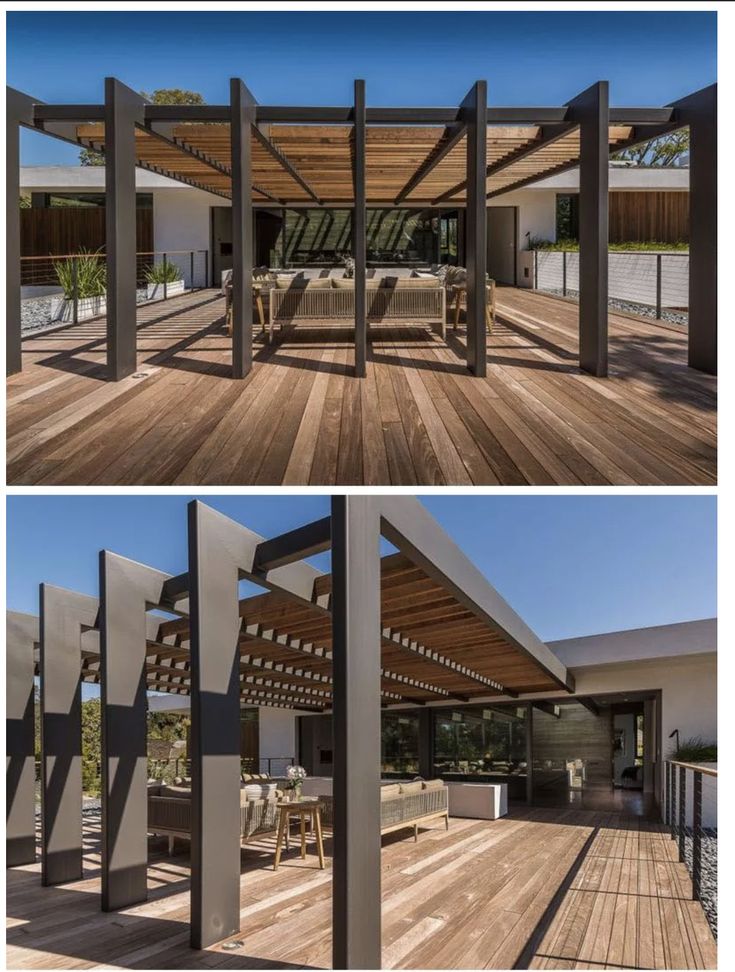 two pictures of the outside of a house with wood flooring and pergolated roof