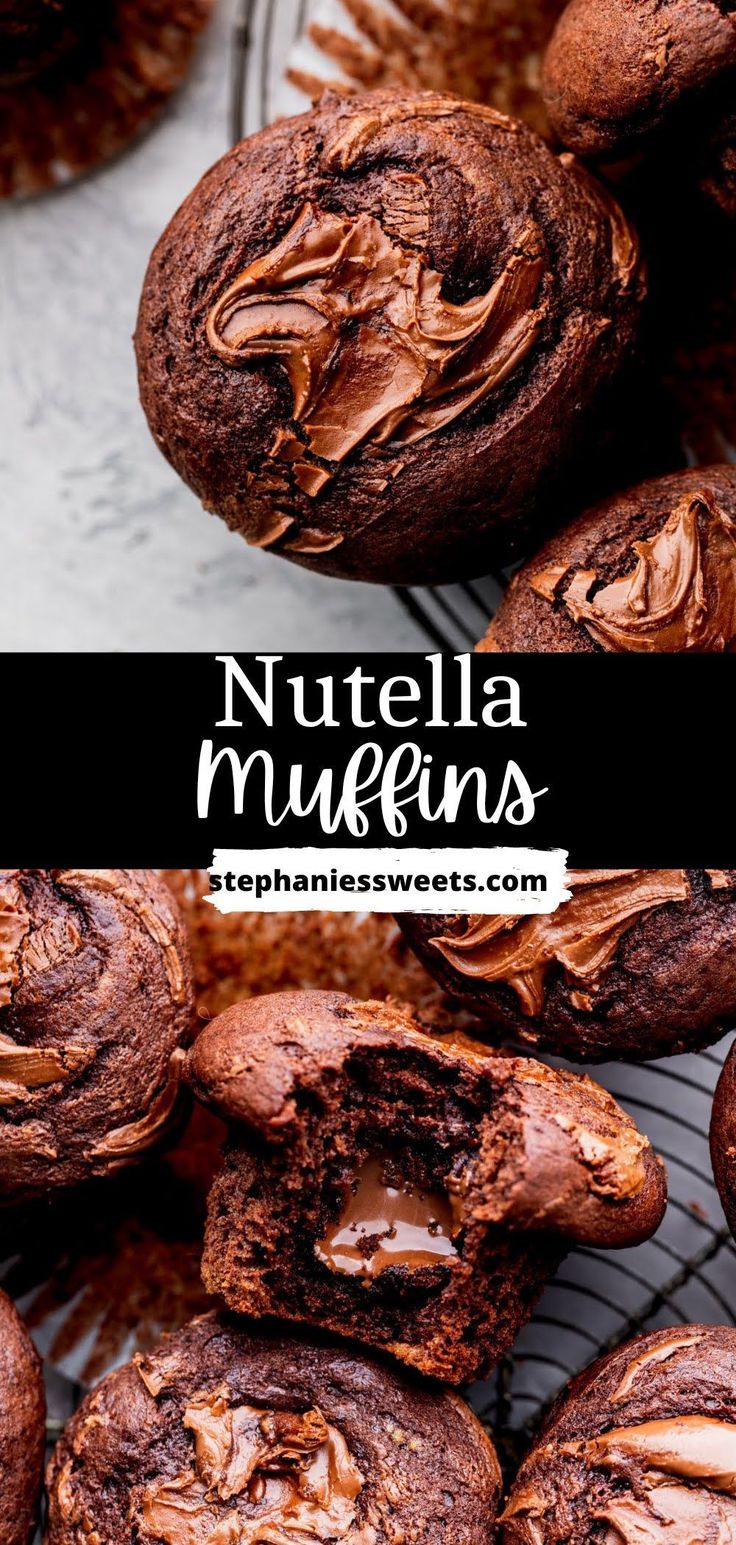 nutella muffins with chocolate frosting on top and the words nutella muffins above them