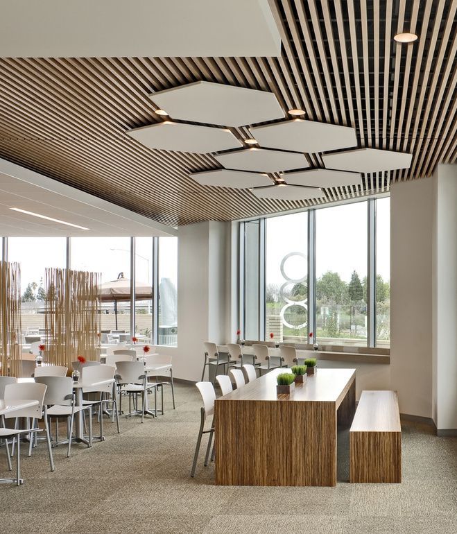 an empty conference room with tables and chairs