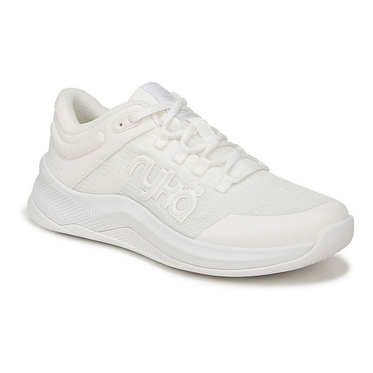 a white tennis shoe with the word on it's upper part and laces