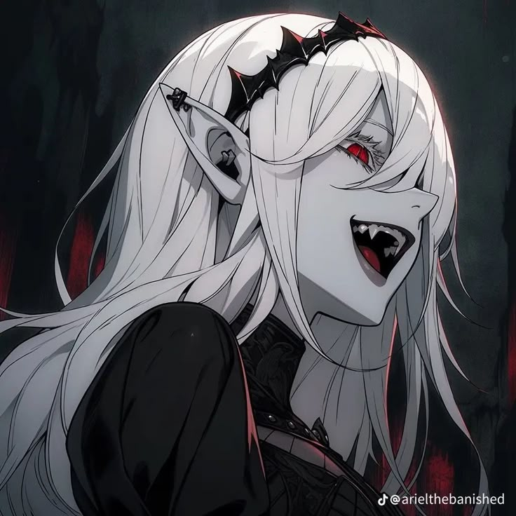 an anime character with white hair and fangs on her face, looking at the camera