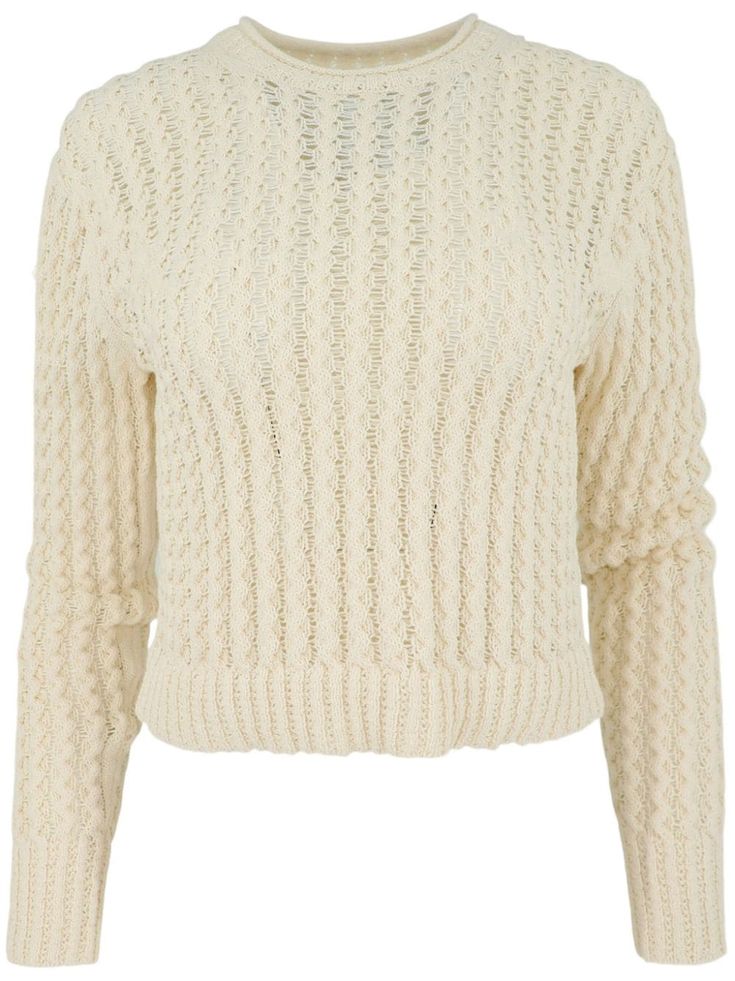 ivory white cotton blend knitted construction round neck long sleeves ribbed cuffs and hem Beige Textured Knit Cropped Sweater With Crew Neck, Beige Textured Knit Crew Neck Cropped Sweater, Cream Cropped Sweater With Textured Knit Long Sleeves, White Spring Sweater With Ribbed Cuffs, White Ribbed Cuffs Sweater For Spring, White Crew Neck Cropped Sweater, White Sweater With Ribbed Cuffs For Spring, Winter White Crew Neck Pointelle Knit Sweater, Cream Cropped Crew Neck Sweater With Ribbed Cuffs