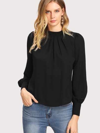 Puff Sleeve Pleated Detail Blouse -SheIn(Sheinside) Stand Collar Blouse, Ladies Chiffon Shirts, Plain Blouse, Pleated Blouse, Elegant Blouses, Chiffon Shirt, Collar Blouse, Outfits Casuales, Black Top