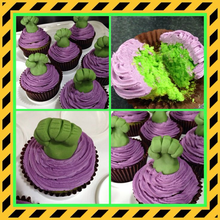 there are many cupcakes decorated with green and purple frosting