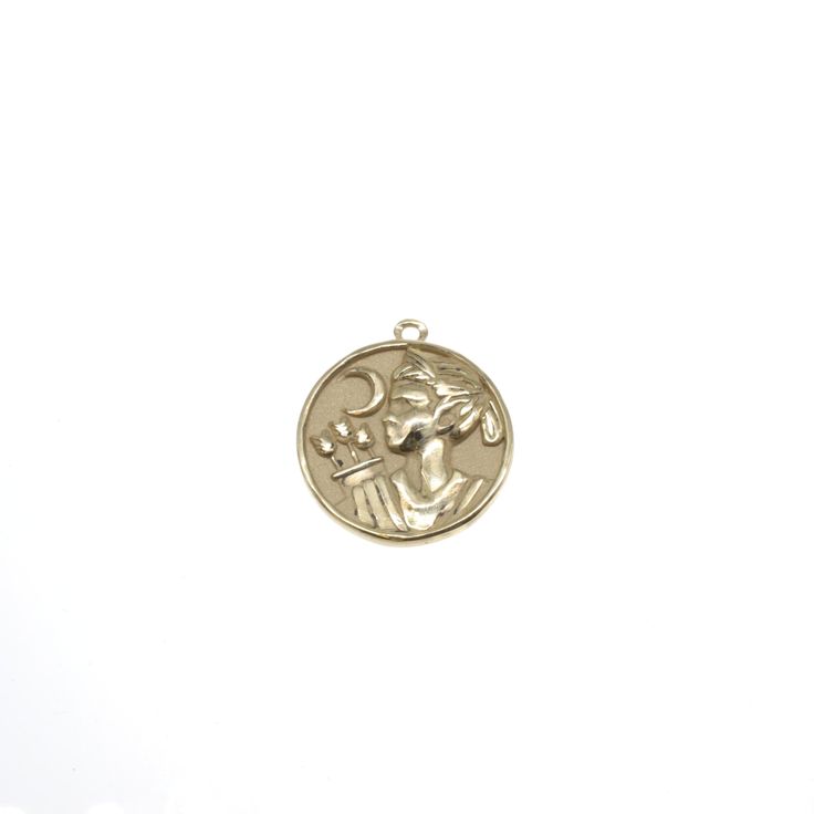 Show your strength with this sold gold Artemis Coin. Goes great on a bracelet or a dainty chain. 14k Yellow Gold, 14k White Gold, or 14k Rose Gold Measurements: 16.9mm Round Bronze Charms Jewelry With Round Pendant, Bronze Jewelry With Charms And Round Pendant, Engraved 14k Gold Medallion Charms, Bronze Round Pendant Jewelry With Charms, Symbolic 14k Gold Medallion Jewelry, 14k Gold Medallion Engraved Charms, 14k Gold Engraved Medallion Charms, Celestial 14k Gold Round Pendant Jewelry, Symbolic Rose Gold Brass Jewelry