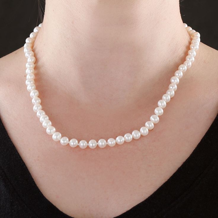 Make any occasion a special event with the addition of pearls. This cultured freshwater pearl strand has a 14K white gold filigree clasp. Due to the unique nature of pearls, shade of color, shape or texture may vary slightly from photo. Classic Single Strand Pearl Necklace Gift, Classic Single Strand Pearl Necklace As Gift, Classic Akoya Pearl Necklace As Gift, Elegant Hypoallergenic Necklace For Formal Occasions, Classic White Hypoallergenic Necklace, Classic Akoya Pearl Necklace For Anniversary, White Hypoallergenic Pearl Necklace, Hypoallergenic White Pearl Necklace, White Akoya Pearl Necklace With Sterling Silver Clasp