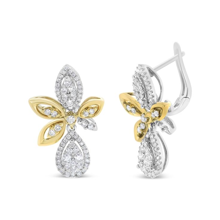 This dream-like pair of drop dangle earrings exudes total luxury, drenched in the brilliance of 140 round white diamonds in glorious pave settings. These sparkling diamonds total 1.00 cttw with an approximate H-I Color and SI1-SI2 Clarity. These round diamonds take the shape of marquise and teardrop silhouettes that capture a vintage air with modern sensibilities. So glamorous and sophisticated, this pair dazzles in genuine 14k white and yellow gold. Latch findings keep these pierced earrings sa White Gold Drop Earrings, Diamond Dangle Earrings, Earring Crafts, Drop Dangle Earrings, Gold Earrings Dangle, Gold Drop Earrings, Sparkle Diamonds, Diamond Gemstone, Teardrop Earrings