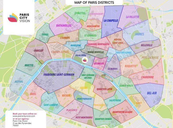 a map of paris with all the major streets and locations in red, blue, pink, yellow