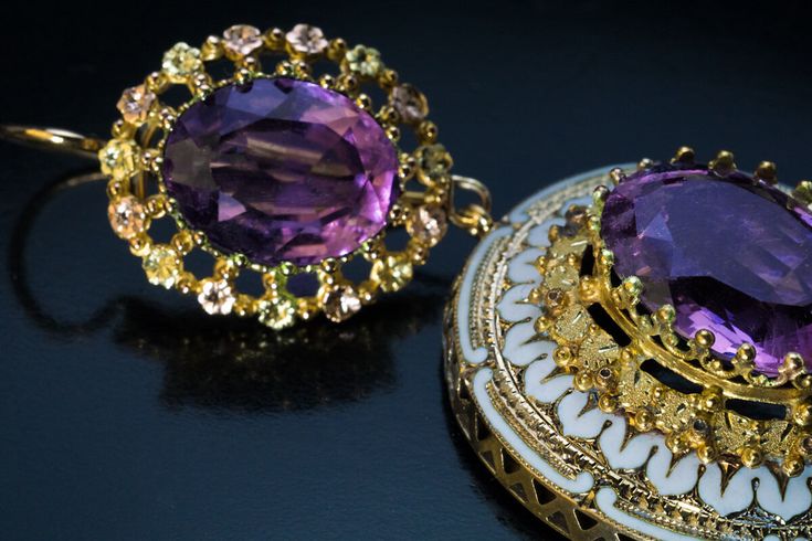 Circa 1860s-1870s From the Victorian era, these Day to Night earrings are crafted in polished and textured three color gold (yellow, green, and rose) . The earrings are set with four oval amethysts of a light to medium purple color. The detachable pendants are embellished with white opaque enamel. Weight 10 grams each. Total length with ear wire - 62 mm (2 1/2 in.) Width - 30 mm (1 3/16 in.) Victorian Hallmarked Earrings For Ceremonial Occasions, Luxury Ceremonial Pierced Earrings, Oval Gemstone Earrings For Evening, Antique Earrings With 17 Jewels For Ceremonial Occasions, Antique Yellow Gold Clip-on Earrings, Victorian Yellow Gold Earrings For Evening, Victorian Pierced Jewelry For Ceremonial Occasions, Victorian Style Hallmarked Earrings For Formal Occasions, Formal Victorian Hallmarked Earrings