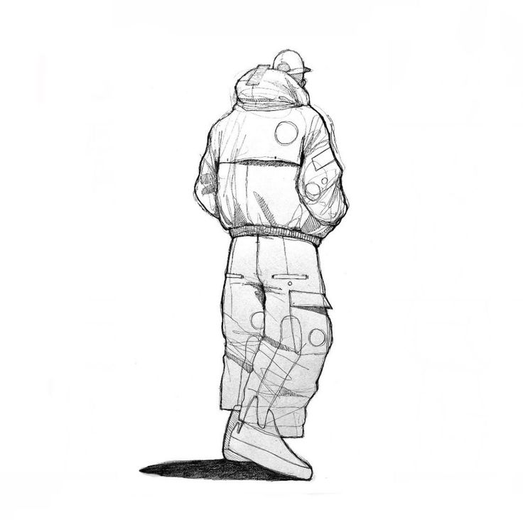 a drawing of a man standing with his back to the camera, wearing a jacket and pants