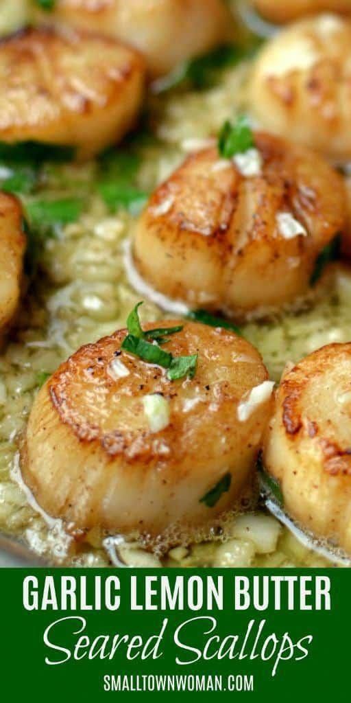 garlic lemon butter seared scallops in a skillet