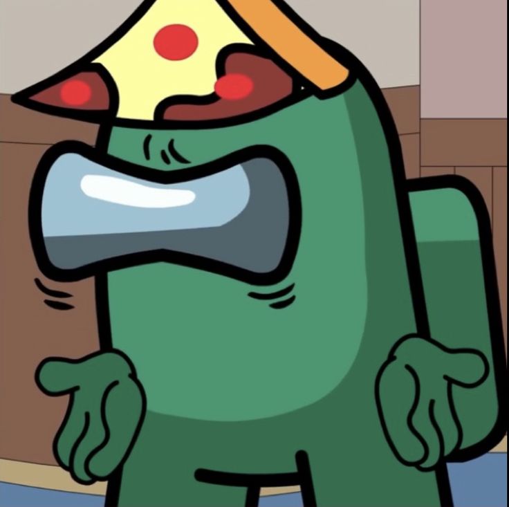 a cartoon character with a slice of pizza on his head