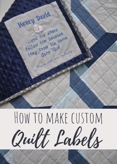 how to make custom quilt labels with the words harry david written on them in blue and white