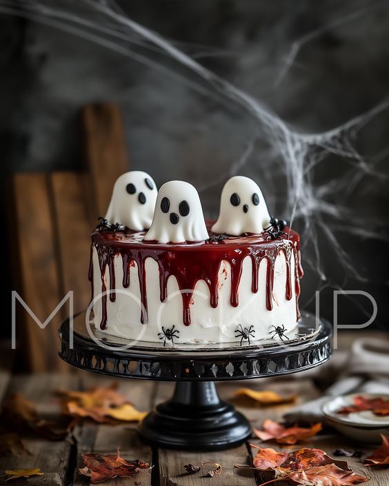 a cake decorated with three ghost heads and red icing on a wooden table surrounded by autumn leaves