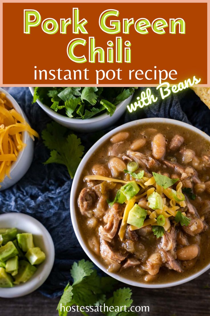 pork green chili in a white bowl with cheese and cilantro on the side