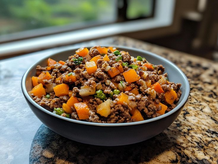 a bowl filled with meat and vegetables on top of a counter