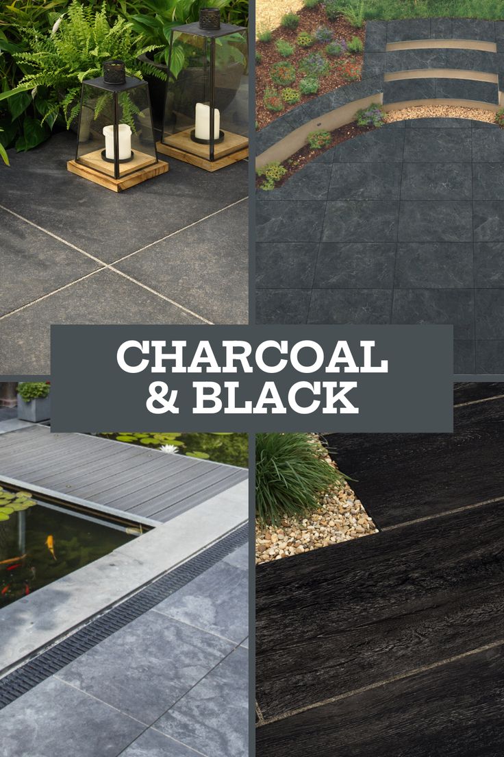 the different types of charcoal and black tiles are shown in this collage with text that reads charcoal & black