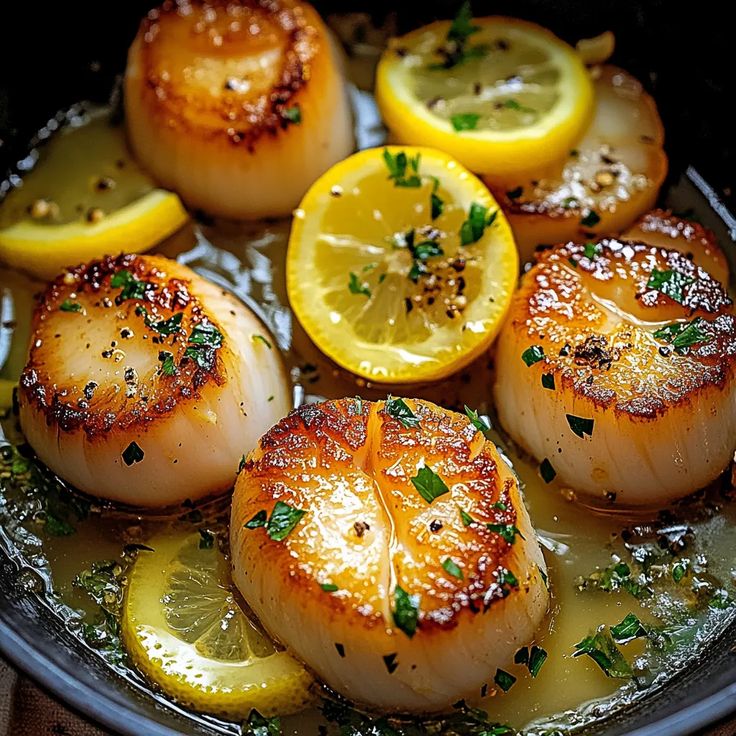 scallops with lemon and herbs in a pan