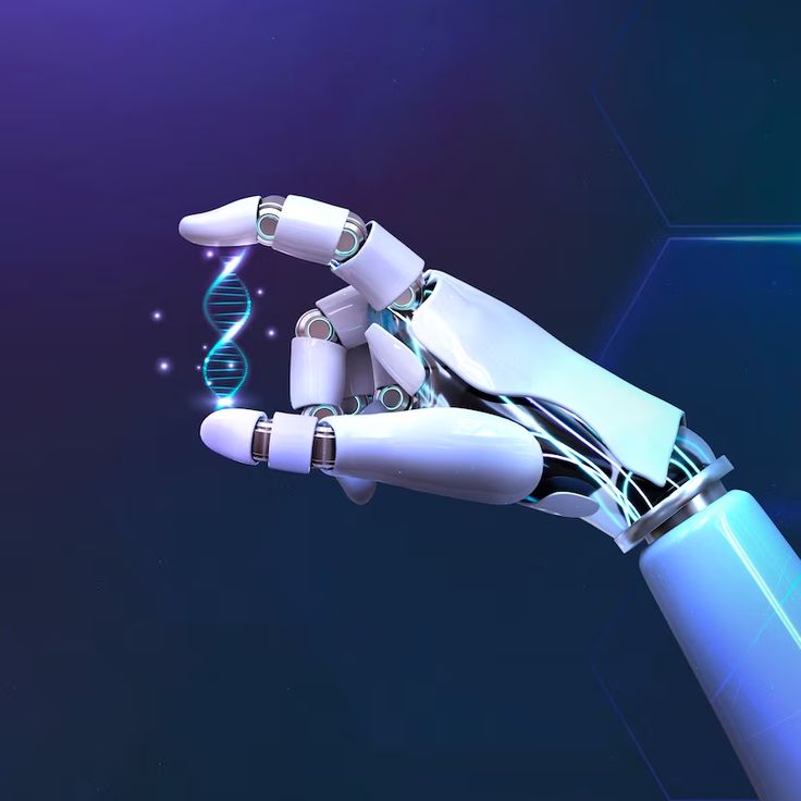 a robotic hand holding a blue and white object