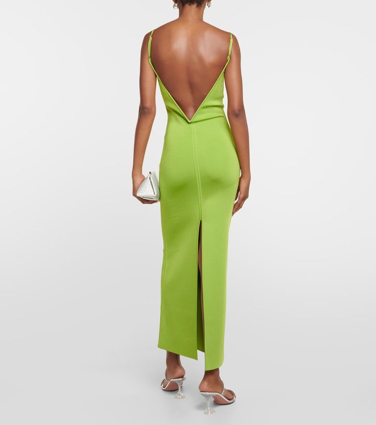 Bella maxi dress in green - Galvan | Mytheresa Stretch Maxi Evening Dress For Dinner, Formal Backless Maxi Dress In Elastane, Fitted Maxi Length Backless Dress For Dinner, Formal Backless Elastane Maxi Dress, Sleek Backless Maxi Dress For Dinner, Evening Bodycon Backless Maxi Dress, Backless Maxi Dress With Side Slits For Gala, Sleek Summer Maxi Dress For Dinner, Green Backless Maxi Dress For Evening