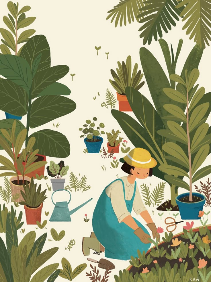 a woman is working in the garden with potted plants