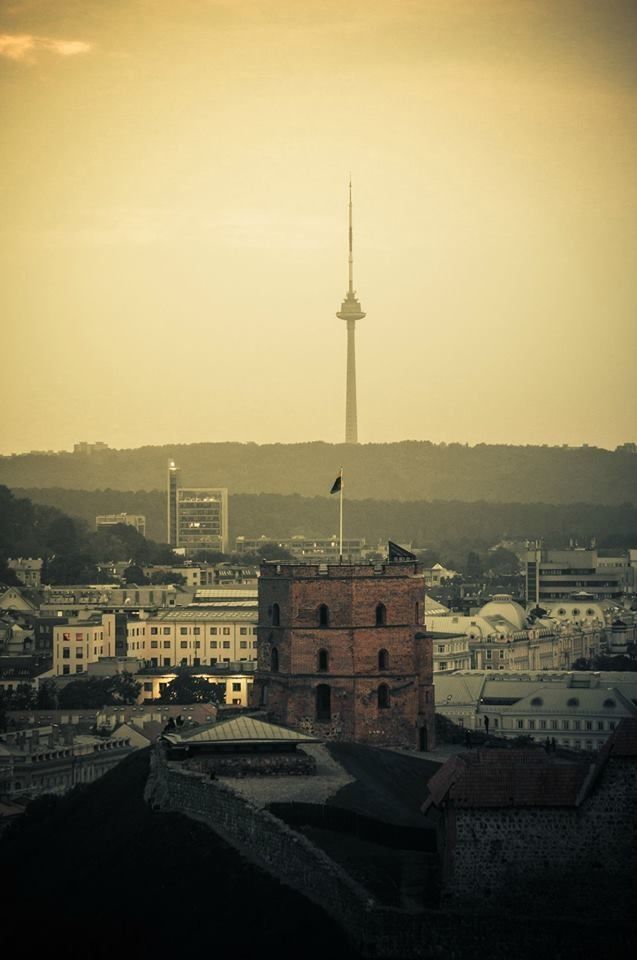 a view of a city from the top of a building with a tower in the background